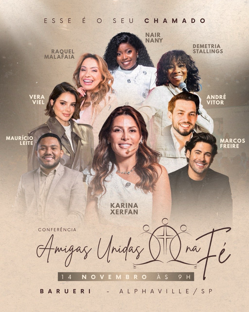 Arte com os convidados da Conferência Amigas Unidas na Fé: Nair Nany, Rachel Malafaia, Demetria Stallings, Vera Viel, André Vitor, Maurício Leite, Marcos Freire e Karina Xerfan